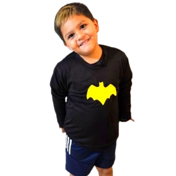 Hand Crafted Upcycled Long Sleeve Tee Black Yellow Batman Halloween Costume L - Picture 6 of 12